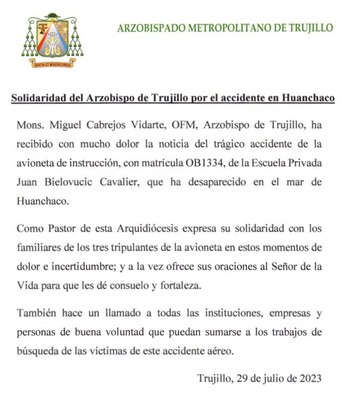 Arzobispado de Trujillo emite comunicado