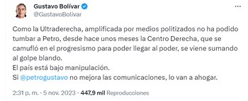Gustavo Bolívar dice que Petro tiene que mejorar sus comunicaciones - crédito @GustavoBolívar/ cuenta de X