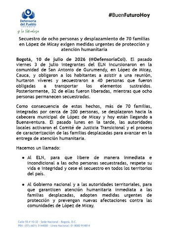 La Defensoría le pidió al ELN que libera a las ocho personas que mantienen secuestradas - crédito Defensoría del Pueblo