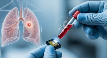 Mano enguantada de investigador sujeta tubo de ensayo con muestra de sangre y chip de diagnóstico, junto a ilustración de pulmón humano con lesión tumoral y ADN.