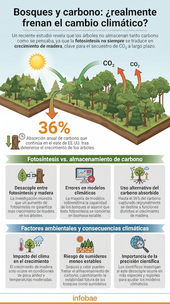 Infografía que ilustra cómo los bosques absorben y liberan CO2, el desacople entre fotosíntesis y crecimiento de madera, y sus implicaciones climáticas.