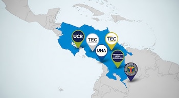 Mapa de Centroamérica con Costa Rica en azul brillante y países vecinos en gris. Pines con logos de UCR, TEC, UNA, Universidad Latina sobre Costa Rica y Universidad de San Carlos en Guatemala.