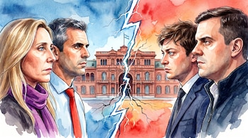 Ilustración acuarela de Karina Milei y Martín Menem a la izquierda, frente a Santiago Caputo y Daniel Parisini a la derecha, con la Casa Rosada al centro dividida por un rayo.