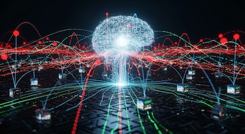 Representación abstracta de un cerebro digital brillante con circuitos, conectado a computadoras cúbicas por líneas de luz. Puntos rojos indican vulnerabilidades.