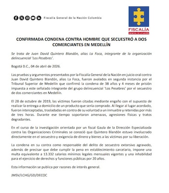 Cae ‘La Foca’: el integrante de ‘Los Pesebres’ no podrá recibir beneficios judiciales tras la ratificación de su condena - crédito Fiscalía