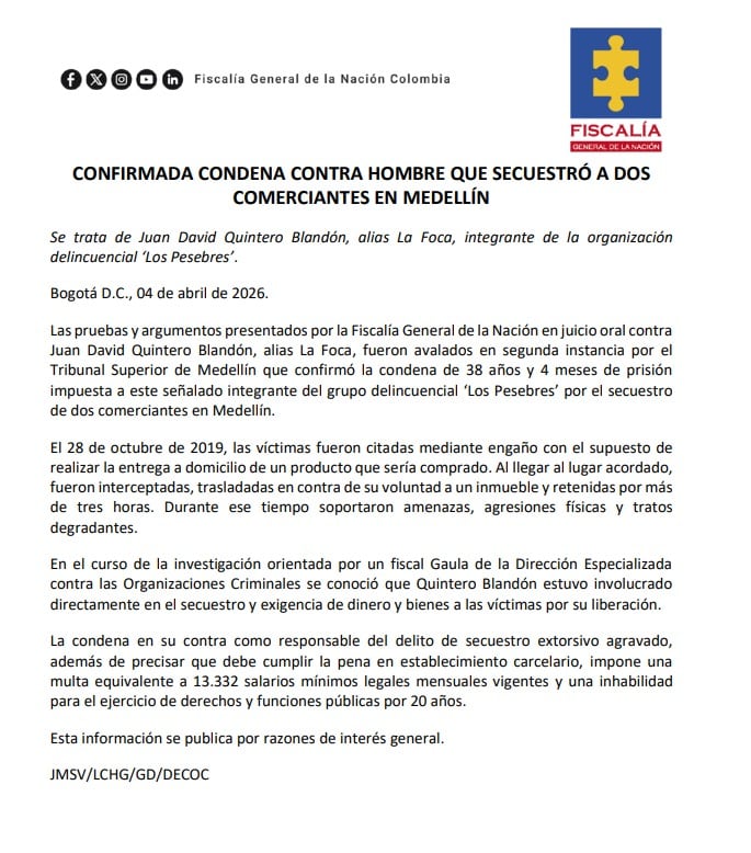 Cae ‘La Foca’: el integrante de ‘Los Pesebres’ no podrá recibir beneficios judiciales tras la ratificación de su condena - crédito Fiscalía