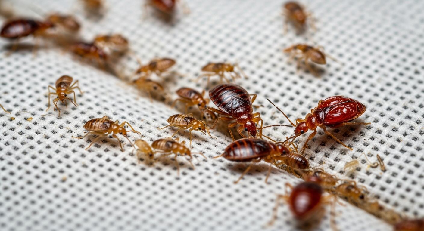 Varias chinches de cama, incluyendo ninfas y adultos, se agrupan sobre una superficie blanca, ilustrando la prevalencia de estas plagas. (Imagen Ilustrativa Infobae)