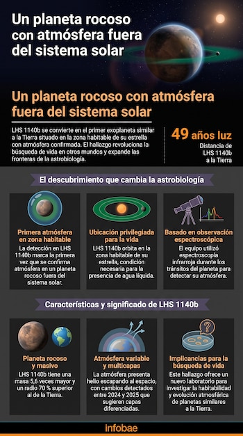 Infografía sobre el exoplaneta LHS 1140b. Incluye una ilustración del planeta, su estrella, y secciones con íconos que describen su atmósfera y habitabilidad.