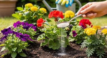 Mano sostiene cuchara con fertilizante granular blanco sobre tierra oscura, cerca de geranios rojos, petunias moradas y caléndulas amarillas.