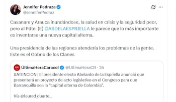 Jennifer Pedraza rechazó que los intereses de Abelardo de la Espriella estén en una capital alterna y no en la crisis del país - crédito @JenniferPedraz/X