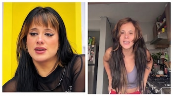 Dos imágenes de una mujer con cabello negro y mechas rubias en el flequillo, una en primer plano con fondo amarillo y otra en una cocina.