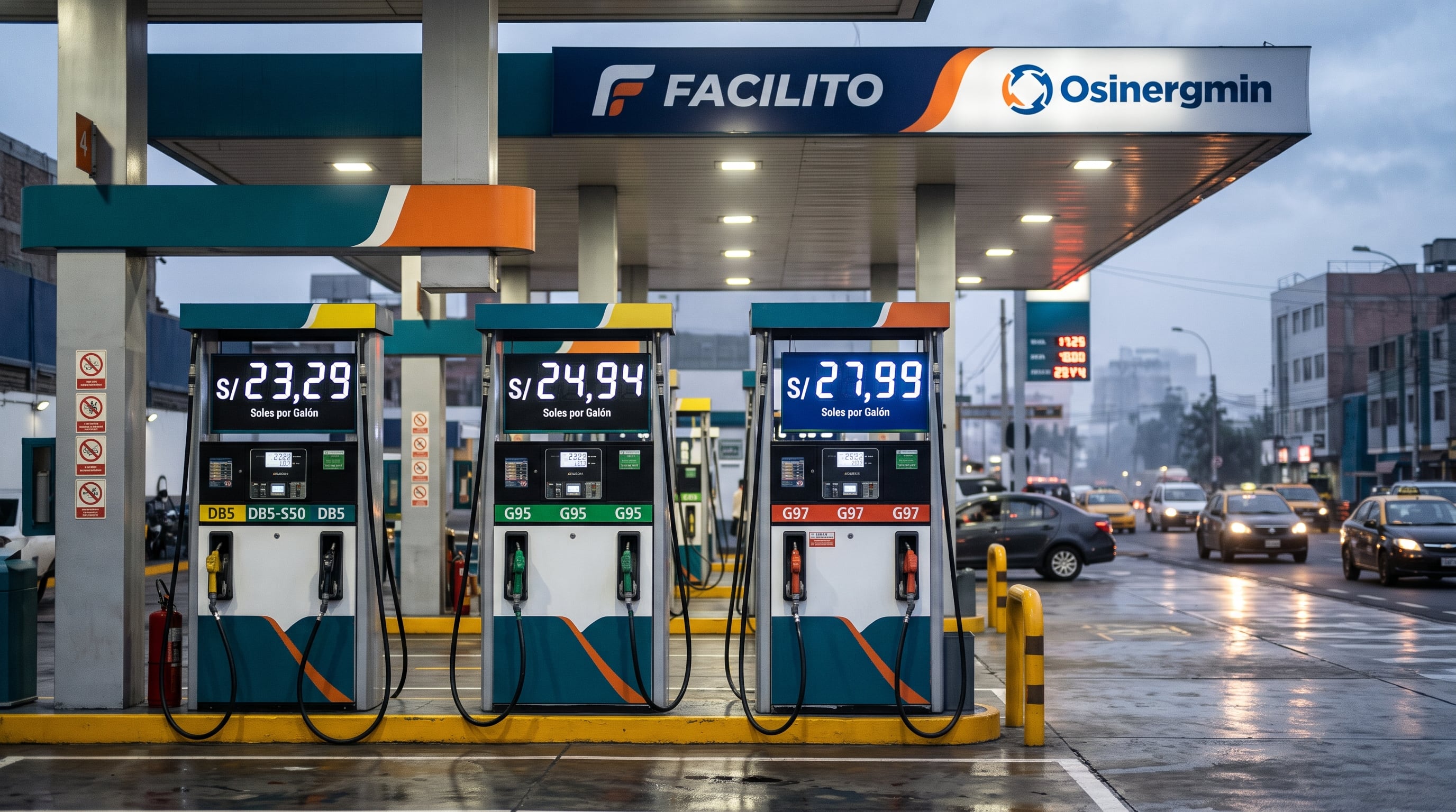 Varios surtidores en una estación de Lima presentan precios de combustibles entre 23,29 y 27,99 soles por galón bajo la supervisión de Facilito de Osinergmin. (Imagen Ilustrativa Infobae)