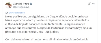 El presidente aseguró que “con delincuencia en el poder no se elimina la violencia en Colombia” - crédito @petrogustavo/X