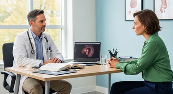Un médico con bata blanca y una paciente sentados frente a un escritorio de madera. En el portátil se muestra una imagen de un colon. Hay una ventana al fondo.
