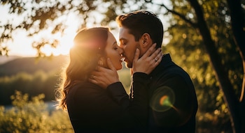 Dos personas se besan al aire libre durante el atardecer. La mujer tiene el cabello castaño claro y el hombre el cabello oscuro. El sol ilumina sus rostros.