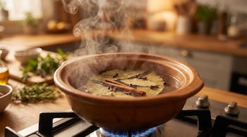 Olla de cerámica con agua hirviendo, hojas de laurel, canela y clavos de olor sobre una estufa de gas encendida; hay vapor en la cocina.