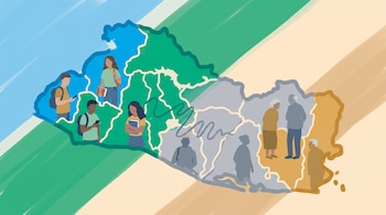 Mapa de El Salvador con figuras de jóvenes a la izquierda y personas mayores a la derecha. Fondo de franjas diagonales azules, verdes y beige.
