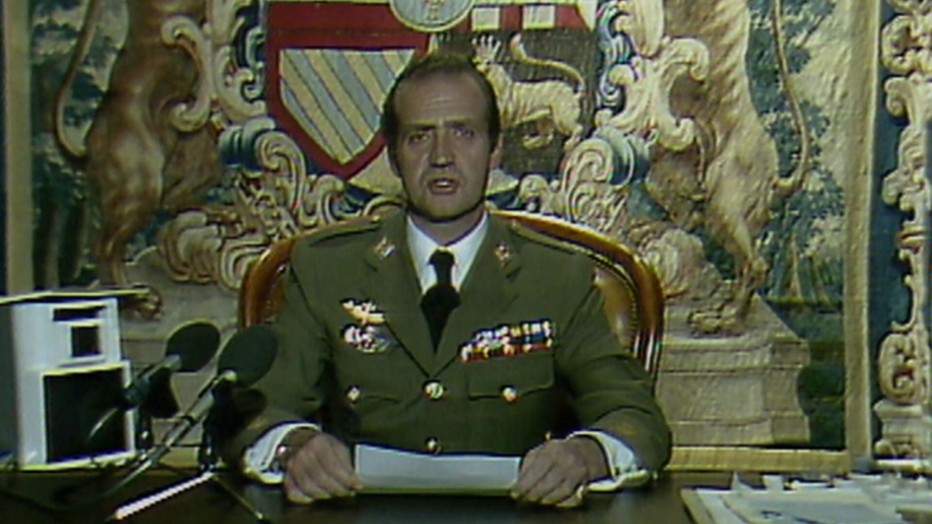 El rey Juan Carlos I, en su retranmisión durante el 23 de febrero de 1981 (RTVE)