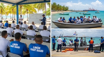 Hombres con uniformes y camisetas 'Limón Coast Guard', con barcos, chalecos salvavidas, pizarrón, palmeras, playa y un puerto con grúas.