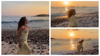 Collage de tres imágenes que muestran a una mujer con pelo rizado y vestido claro en una playa de rocas y arena con el mar y el sol al atardecer.