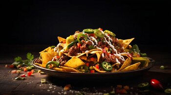 Un plato de nachos con carne molida, queso, jalapeños en rodajas, pimientos rojos picados y un chorro de crema blanca, colocado sobre una mesa de madera oscura.
