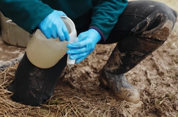 Cuerpo de un investigador con guantes azules y botas de goma en un suelo lodoso, vertiendo agua turbia de un recipiente grande a un tubo de ensayo