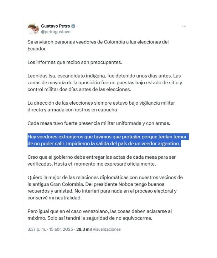 Con este mensaje, el presidente Gustavo Petro se abstuvo de reconocer a Daniel Noboa como presidente electo de Ecuador - crédito @petrogustavo/X