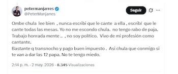El cantante Peter Manjarrés aclaró que no le cantó directamente a Juliana Guerrero - crédito @PeterManjarres/X