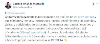 El congresista advirtió sobre una posible participación en política de altos funcionarios del Ejecutivo - crédito @senadormotoa/X