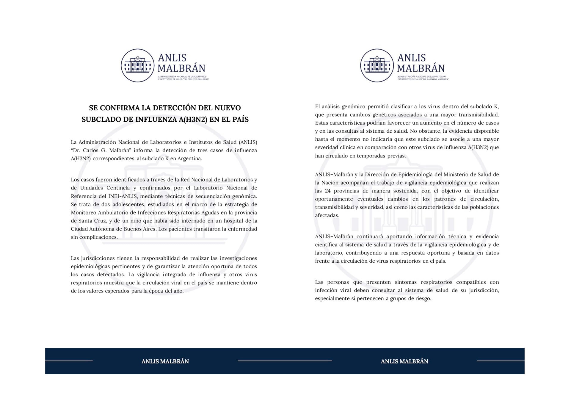 El comunicado del Instituto Malbrán acerca de la detección del nuevo subclado de Influenza A en el país