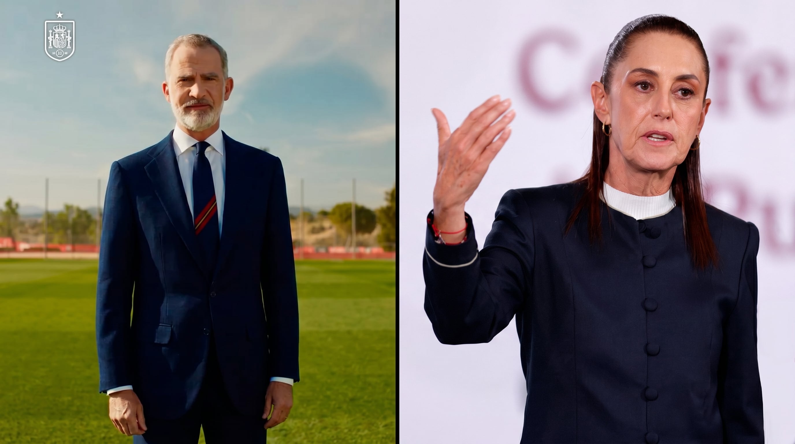 El Rey Felipe VI de España posa en un campo de fútbol, mientras Claudia Sheinbaum gesticula durante un evento público. (Imagen Ilustrativa Infobae)
