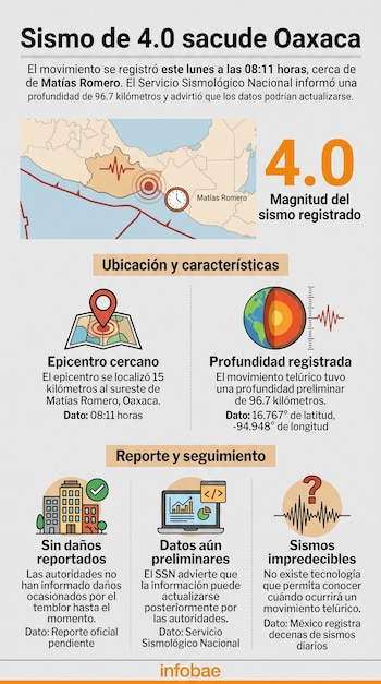 Infografía explicativa con un mapa de Oaxaca, gráficos sobre la magnitud 4.0 y secciones de datos del Servicio Sismológico Nacional.