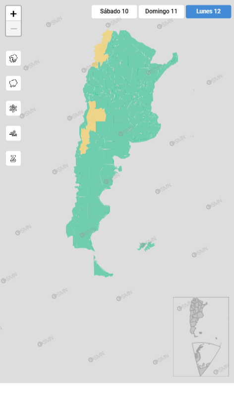 Las alertas regionales para el lunes 12 (Servicio Meteorológico Nacional)