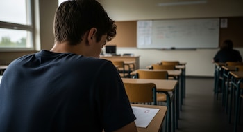 Joven con camiseta oscura, de espaldas, sentado en un pupitre de madera revisando un examen con un círculo rojo, en un aula escolar.