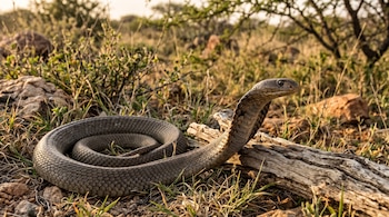 Una cobra enroscada con la cabeza erguida junto a un tronco seco, rodeada de piedras y matorrales dispersos.