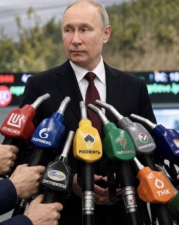 Putin entrevistado con surtidores de gasolina, uno de los memes que se viralizaron en medio de la crisis de combustibles en Rusia.