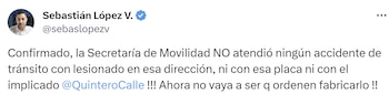 El concejal de Medellín por el Centro Democrático, Sebastián López, aseguró que el atropellamiento contra el exalcalde Daniel Quintero fue un montaje - crédito X