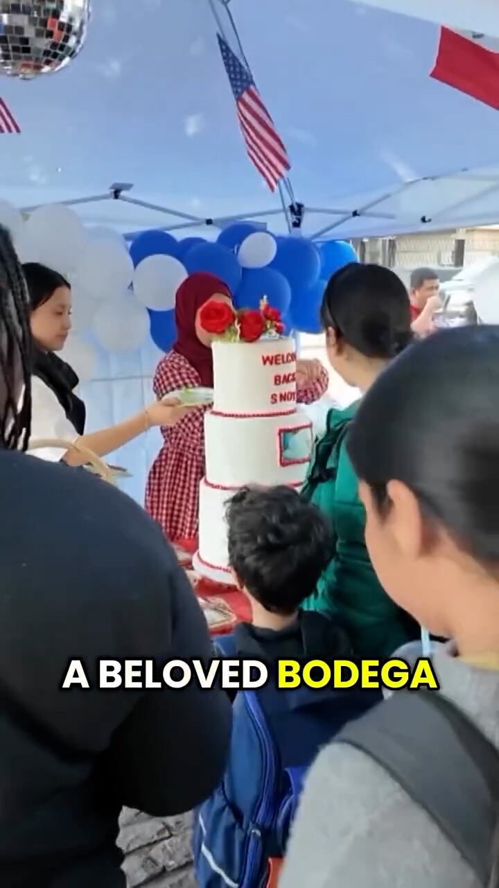 Vecinos y clientes del Prince Deli & Juice Bar se reunieron para festejar el regreso de Snowy con pastel, galletas y globos, destacando cómo este gato bodega se ha convertido en un símbolo de esperanza, solidaridad y identidad local en Flatbush, Brooklyn. (CBS Nueva York)