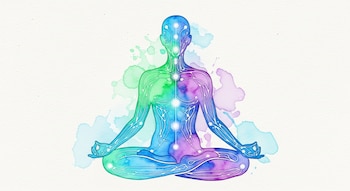 Ilustración de acuarela de una silueta humana sentada en posición de meditación, con tonos azules, verdes y violetas y líneas internas blancas.