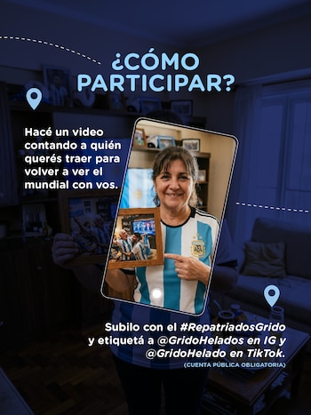 Banner de concurso digital muestra a mujer con camiseta de Argentina señalando foto de celebración del Mundial en un marco virtual sobre un fondo oscuro