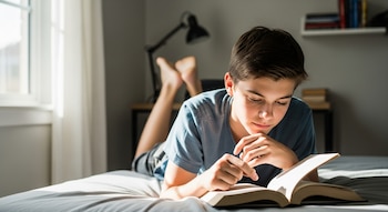 Un adolescente de cabello oscuro acostado boca abajo en una cama gris, leyendo un libro de tapa clara con ambas manos bajo la luz natural de una ventana.