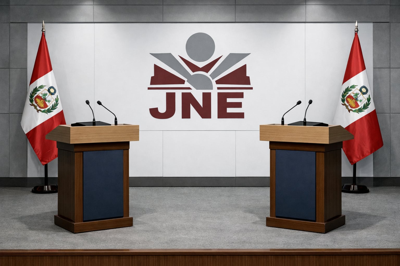 El escenario de un debate presidencial, con dos podios, banderas de Perú y el logo del Jurado Nacional de Elecciones (JNE) al fondo, espera a los participantes en un auditorio moderno y sobrio. (Imagen Ilustrativa Infobae)