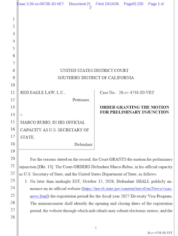 Documento judicial del Tribunal del Distrito Sur de California con el encabezado de la demanda de Red Eagle Law contra Marco Rubio