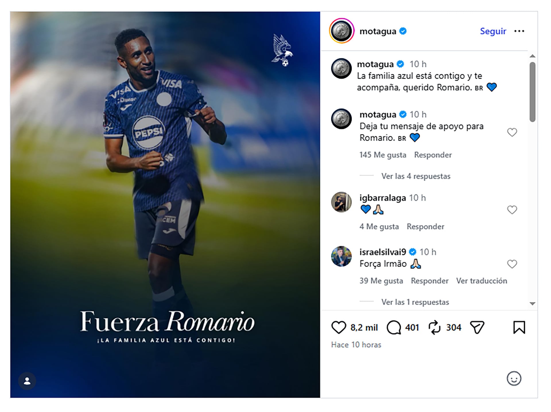 El club Motagua y sus seguidores expresaron unánime apoyo al futbolista Romario, quien sufrió una lamentable lesión en Honduras