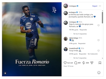Publicación de Instagram del Motagua mostrando a un futbolista sonriente en un campo, con el texto "Fuerza Romario" y mensajes de apoyo por su lesión