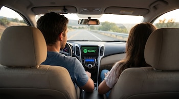 Vista desde los asientos traseros de un coche de dos personas (hombre y mujer) sentadas de espaldas, con el logo de Spotify visible en la pantalla central.