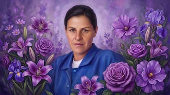 Pintura de Rosa Elvira Cely rodeada de grandes flores moradas incluyendo lirios, rosas e iris.