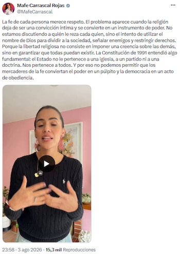 Mafe Carrascal cuestionó el uso político de la fe y alertó sobre bloque antiderechos en Colombia - crédito @MafeCarrascal/X