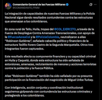 Alias Robinson Gutiérrez - crédito @COMANDANTE_FFMM/X