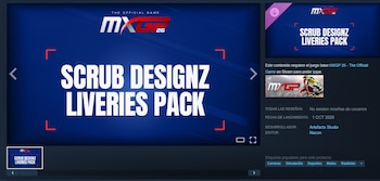 Captura de interfaz digital con el título Scrub Designz Liveries Pack de MXGP 26, imágenes de promoción y datos del producto